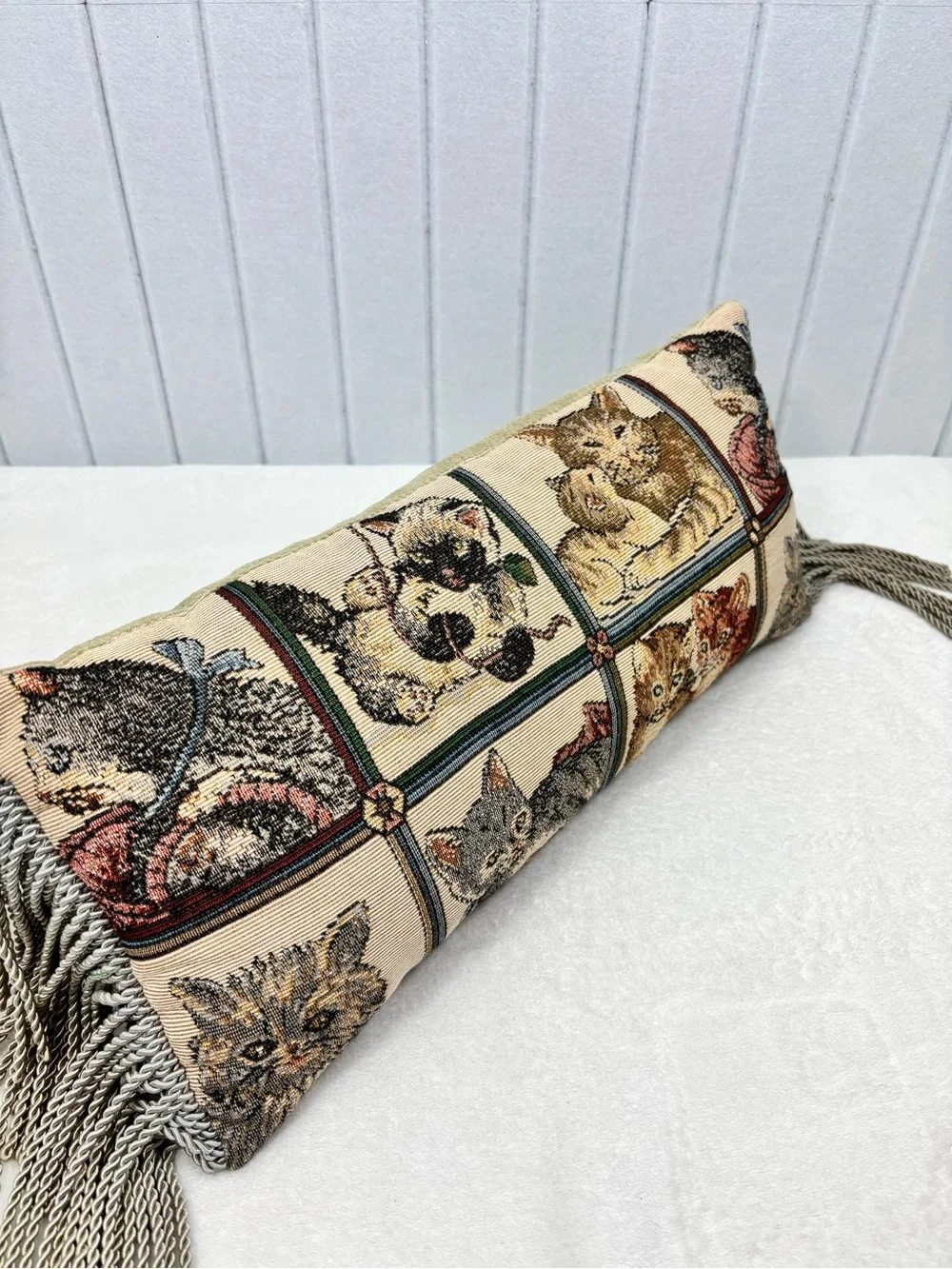 Vintage Tapestry  Kitten Bolster Pillow with Tassels